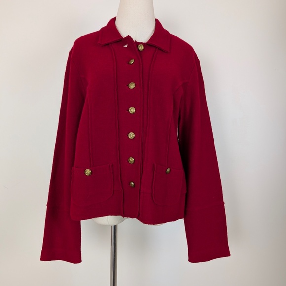 90s Boiled Wool Cardigan Jacket Cherry Red Long Sleeve Collar Button Up - Picture 3 of 11